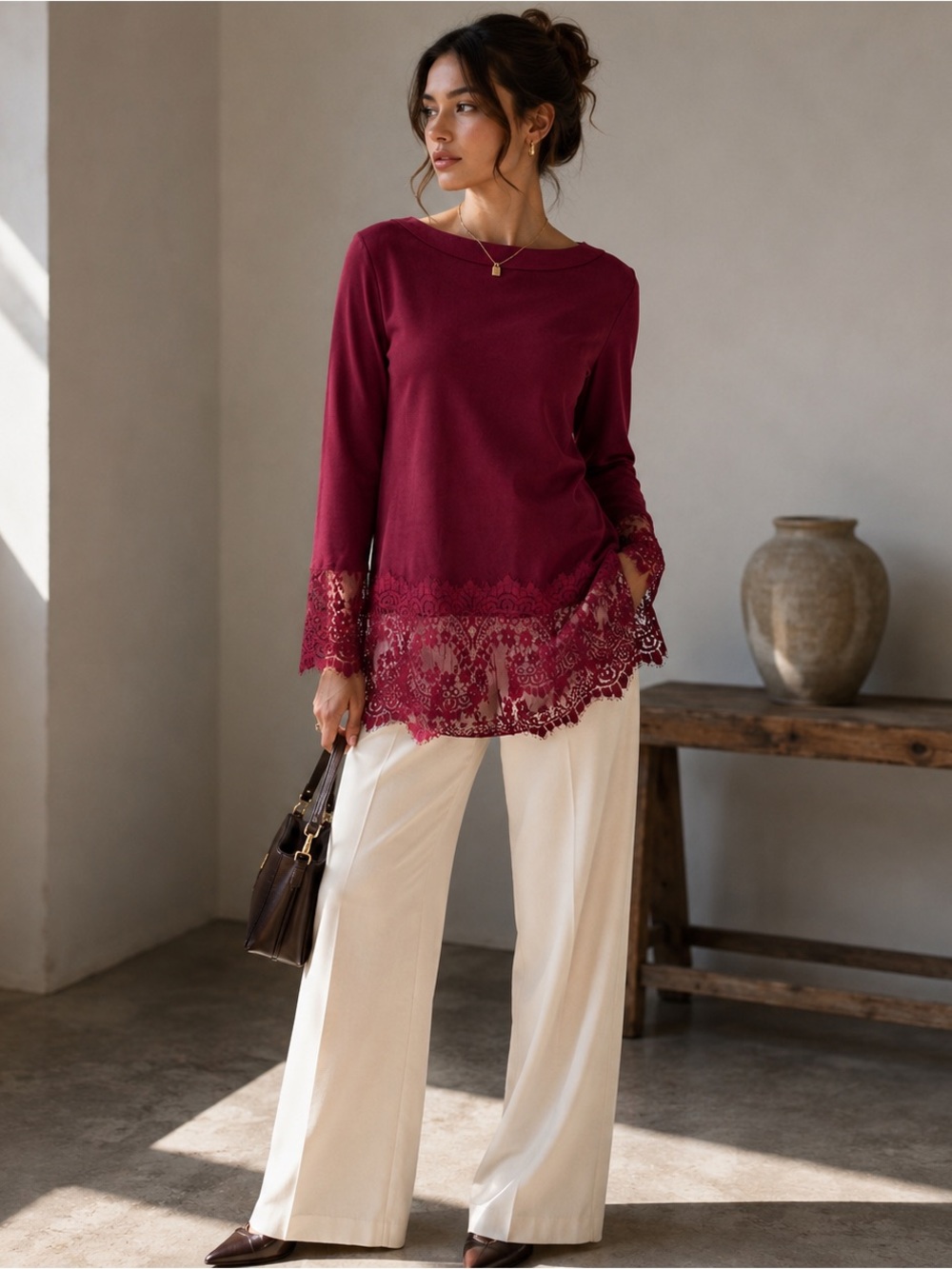 Happylab Burgundy Faux Suede Lace Trim Tunic Top Women’s